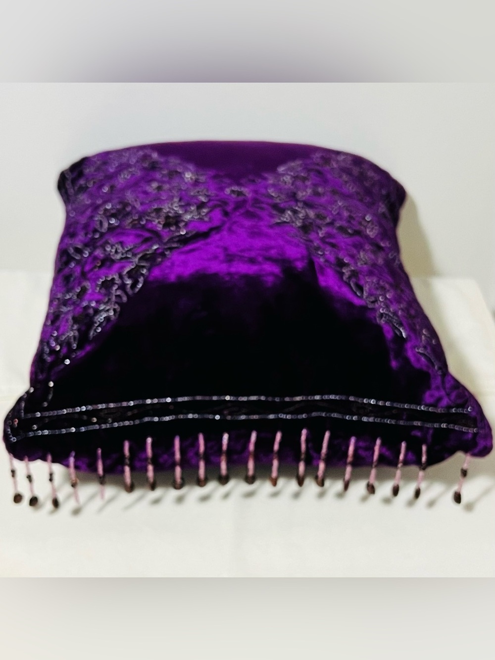 Embroidered beaded Velvet Decorative Pillow - Purple - Picture 9 of 11